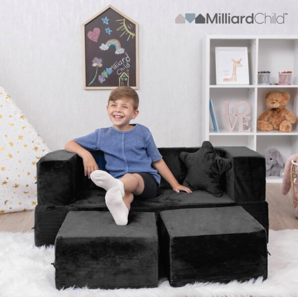68881eeb20131c179ff63e00b58f7c053f811e43cd4bf30062c03.jpg Milliard Kids Couch - Modular Kids Sofa for Toddler and Baby Playroom/Bedroom Furniture (Black) with Bonus Pillow
