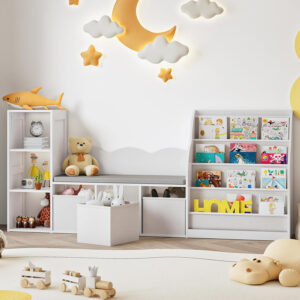 6888218f12fe39408e039f07bfb3beed6e17e46b4f629a57f7956.jpg 66.9" Kids Bookshelf with Reading Nook, 3-in-1 Kids Bookcase with Cushion and Sling Shelf, Toy Storage with Fabric Drawers, Reading Nook for Kids, for Playroom, Nursery, White MCW08WB