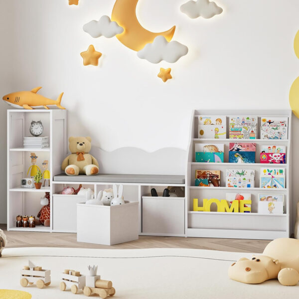 6888218f12fe39408e039f07bfb3beed6e17e46b4f629a57f7956.jpg 66.9" Kids Bookshelf with Reading Nook, 3-in-1 Kids Bookcase with Cushion and Sling Shelf, Toy Storage with Fabric Drawers, Reading Nook for Kids, for Playroom, Nursery, White MCW08WB