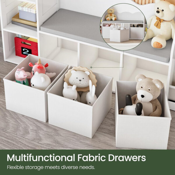 688821924d6e46ea9be29d1ea4acebdcafbed2f7d2a28a8da72be.jpg 66.9" Kids Bookshelf with Reading Nook, 3-in-1 Kids Bookcase with Cushion and Sling Shelf, Toy Storage with Fabric Drawers, Reading Nook for Kids, for Playroom, Nursery, White MCW08WB