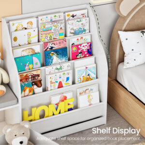 68882193f3c048e90a8dc95446feb3f712e7ab999588fece4d034.jpg 66.9" Kids Bookshelf with Reading Nook, 3-in-1 Kids Bookcase with Cushion and Sling Shelf, Toy Storage with Fabric Drawers, Reading Nook for Kids, for Playroom, Nursery, White MCW08WB