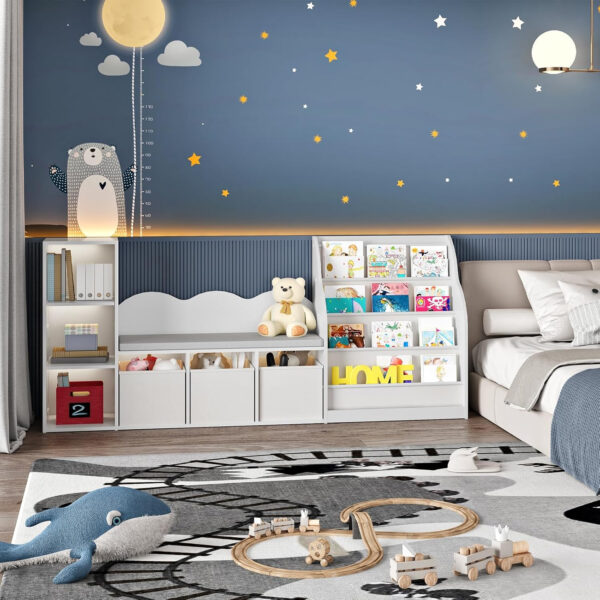 68882198b38424cf6c0e966eb289e31a7a6fb7880c7d35bbb9e6a.jpg 66.9" Kids Bookshelf with Reading Nook, 3-in-1 Kids Bookcase with Cushion and Sling Shelf, Toy Storage with Fabric Drawers, Reading Nook for Kids, for Playroom, Nursery, White MCW08WB