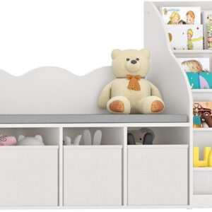6888219a43b61469ff2c8446339596d67d9201a5453470846a8ef.jpg 66.9" Kids Bookshelf with Reading Nook, 3-in-1 Kids Bookcase with Cushion and Sling Shelf, Toy Storage with Fabric Drawers, Reading Nook for Kids, for Playroom, Nursery, White MCW08WB