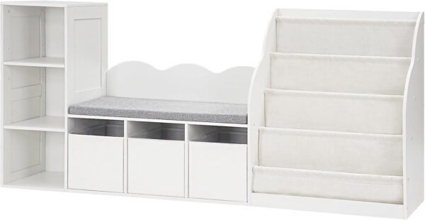 6888219d1709280588248cb140688daa10112aceb5c7446321ca4.jpg 66.9" Kids Bookshelf with Reading Nook, 3-in-1 Kids Bookcase with Cushion and Sling Shelf, Toy Storage with Fabric Drawers, Reading Nook for Kids, for Playroom, Nursery, White MCW08WB