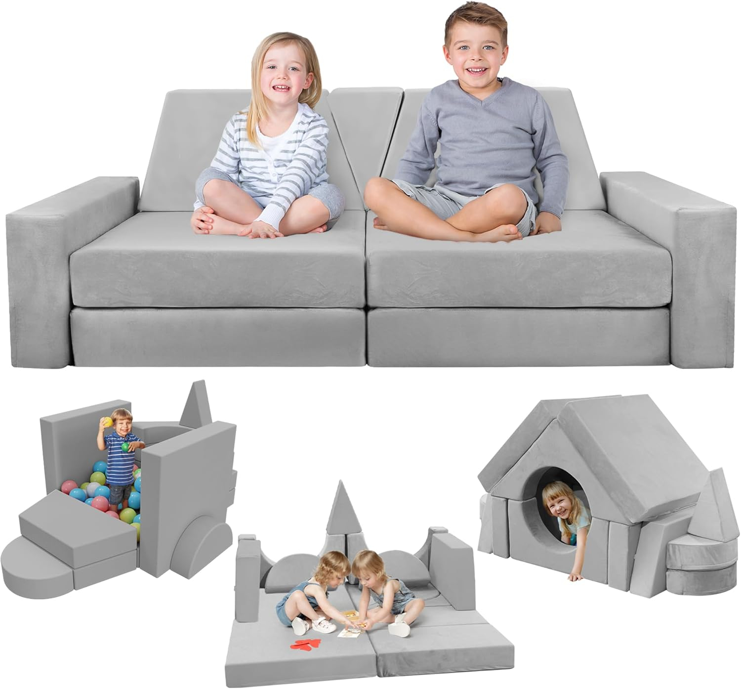 YEFU 15pcs Modular Kids Play Couch, Kids Couch for Toddler & Children, Toddler couches, Kid Couches Fort Building kit for Playroom Furniture, Kid Play Couches, Convertible Sofa for Boys & Girls, Grey