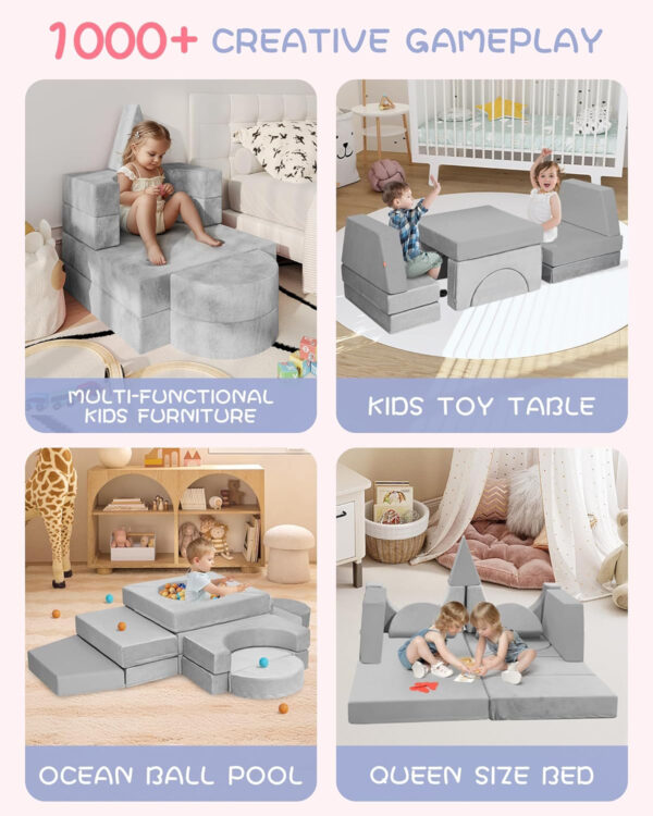 YEFU 15pcs Modular Kids Play Couch, Kids Couch for Toddler & Children, Toddler couches, Kid Couches Fort Building kit for Playroom Furniture, Kid Play Couches, Convertible Sofa for Boys & Girls, Grey