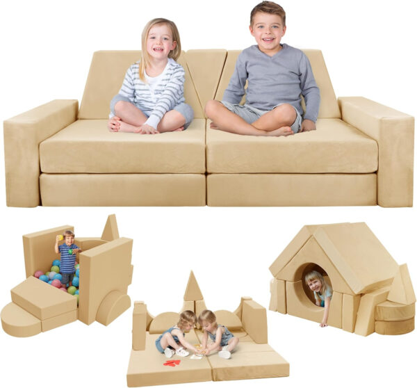 YEFU 15pcs Modular Kids Play Couch, Kids Couch for Toddler & Children, Toddler couches, Kid Couches Fort Building kit for Playroom Furniture, Kid Play Couches, Convertible Sofa for Boys & Girls, Grey