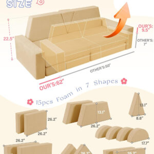 YEFU 15pcs Modular Kids Play Couch, Kids Couch for Toddler & Children, Toddler couches, Kid Couches Fort Building kit for Playroom Furniture, Kid Play Couches, Convertible Sofa for Boys & Girls, Grey