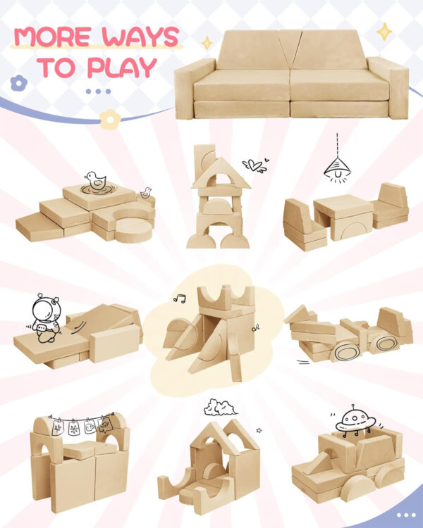 YEFU 15pcs Modular Kids Play Couch, Kids Couch for Toddler & Children, Toddler couches, Kid Couches Fort Building kit for Playroom Furniture, Kid Play Couches, Convertible Sofa for Boys & Girls, Grey