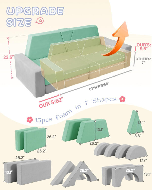 YEFU 15pcs Modular Kids Play Couch, Kids Couch for Toddler & Children, Toddler couches, Kid Couches Fort Building kit for Playroom Furniture, Kid Play Couches, Convertible Sofa for Boys & Girls, Grey
