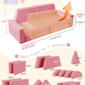 YEFU 15pcs Modular Kids Play Couch, Kids Couch for Toddler & Children, Toddler couches, Kid Couches Fort Building kit for Playroom Furniture, Kid Play Couches, Convertible Sofa for Boys & Girls, Grey