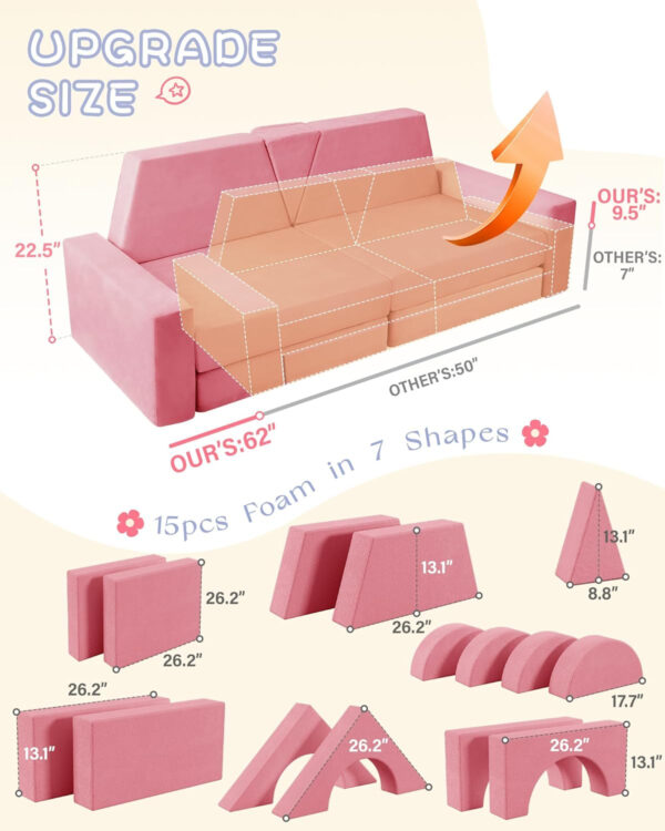 YEFU 15pcs Modular Kids Play Couch, Kids Couch for Toddler & Children, Toddler couches, Kid Couches Fort Building kit for Playroom Furniture, Kid Play Couches, Convertible Sofa for Boys & Girls, Grey