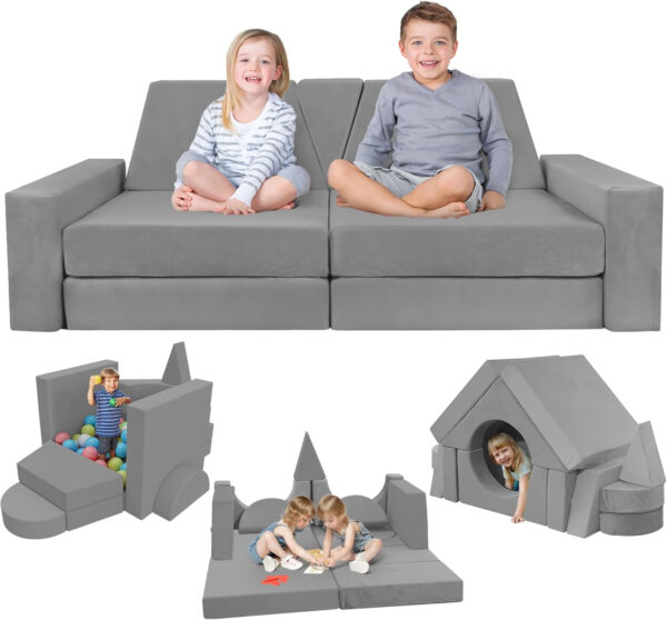 YEFU 15pcs Modular Kids Play Couch, Kids Couch for Toddler & Children, Toddler couches, Kid Couches Fort Building kit for Playroom Furniture, Kid Play Couches, Convertible Sofa for Boys & Girls, Grey