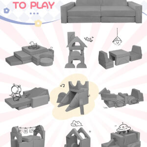 YEFU 15pcs Modular Kids Play Couch, Kids Couch for Toddler & Children, Toddler couches, Kid Couches Fort Building kit for Playroom Furniture, Kid Play Couches, Convertible Sofa for Boys & Girls, Grey