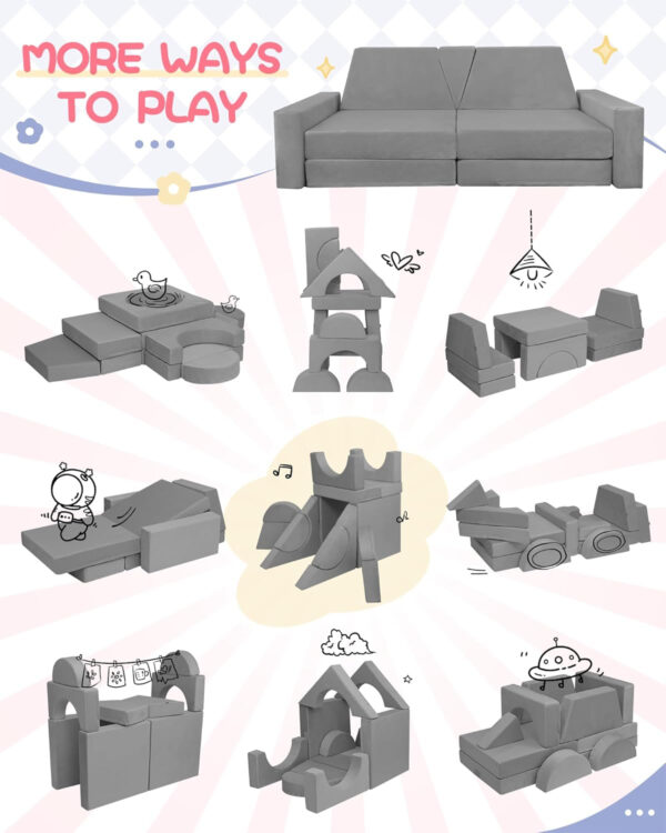 YEFU 15pcs Modular Kids Play Couch, Kids Couch for Toddler & Children, Toddler couches, Kid Couches Fort Building kit for Playroom Furniture, Kid Play Couches, Convertible Sofa for Boys & Girls, Grey