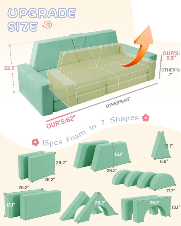 YEFU 15pcs Modular Kids Play Couch, Kids Couch for Toddler & Children, Toddler couches, Kid Couches Fort Building kit for Playroom Furniture, Kid Play Couches, Convertible Sofa for Boys & Girls, Grey
