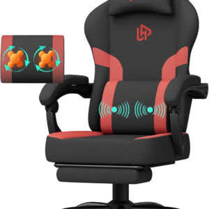 HapGIFT Gaming Chair with Massage Lumbar Support, High Back Ergonomic Computer Chair with Headrest, Height Adjustable Technical Fabric Chair with Footrest, Gamer for Adults, 300LBS (Black-Red)