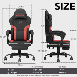 HapGIFT Gaming Chair with Massage Lumbar Support, High Back Ergonomic Computer Chair with Headrest, Height Adjustable Technical Fabric Chair with Footrest, Gamer for Adults, 300LBS (Black-Red)