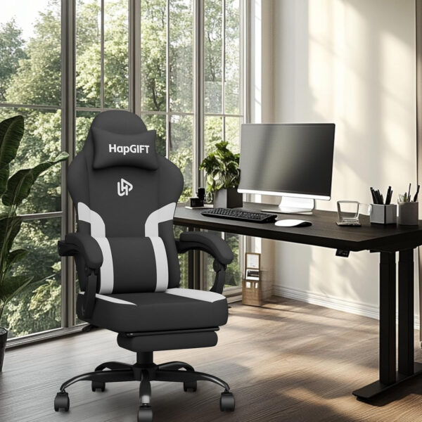 HapGIFT Gaming Chair with Massage Lumbar Support, High Back Ergonomic Computer Chair with Headrest, Height Adjustable Technical Fabric Chair with Footrest, Gamer for Adults, 300LBS (Black-Red)
