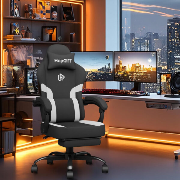 HapGIFT Gaming Chair with Massage Lumbar Support, High Back Ergonomic Computer Chair with Headrest, Height Adjustable Technical Fabric Chair with Footrest, Gamer for Adults, 300LBS (Black-Red)