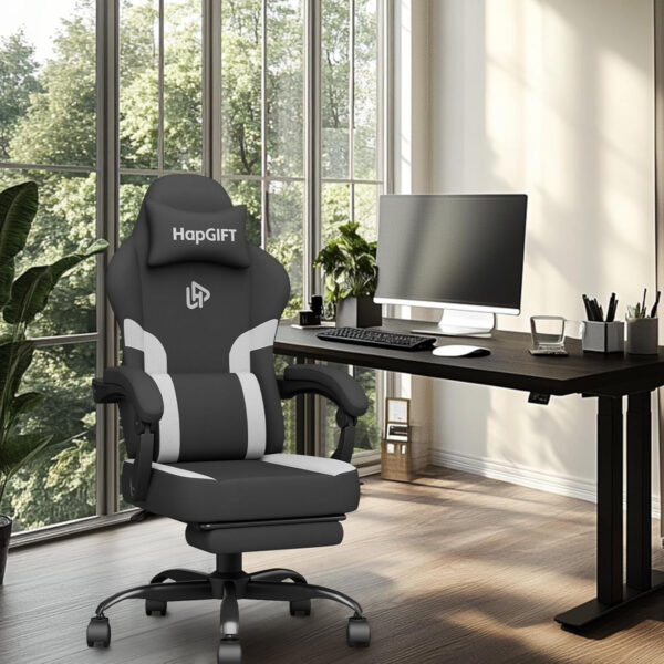 HapGIFT Gaming Chair with Massage Lumbar Support, High Back Ergonomic Computer Chair with Headrest, Height Adjustable Technical Fabric Chair with Footrest, Gamer for Adults, 300LBS (Black-Red)