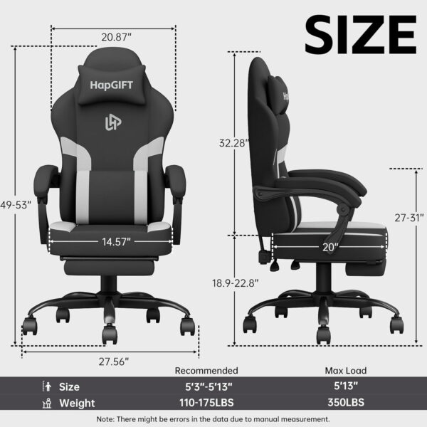 HapGIFT Gaming Chair with Massage Lumbar Support, High Back Ergonomic Computer Chair with Headrest, Height Adjustable Technical Fabric Chair with Footrest, Gamer for Adults, 300LBS (Black-Red)