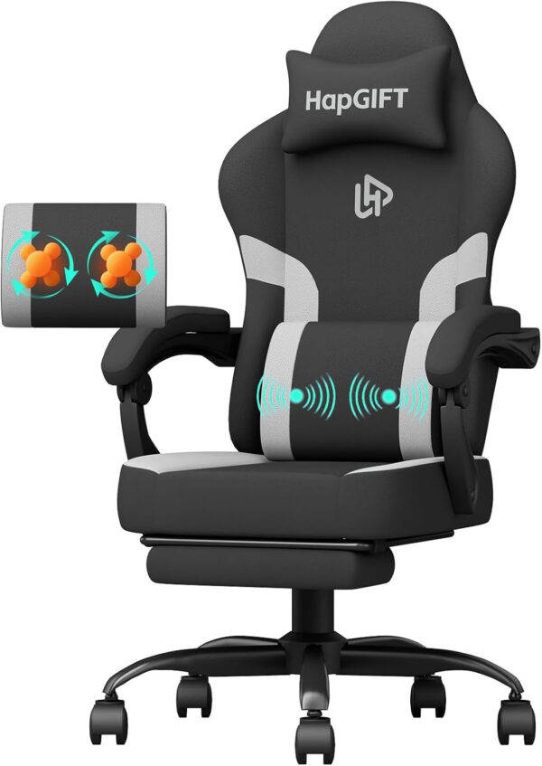 HapGIFT Gaming Chair with Massage Lumbar Support, High Back Ergonomic Computer Chair with Headrest, Height Adjustable Technical Fabric Chair with Footrest, Gamer for Adults, 300LBS (Black-Red)