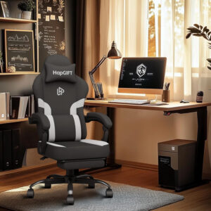 HapGIFT Gaming Chair with Massage Lumbar Support, High Back Ergonomic Computer Chair with Headrest, Height Adjustable Technical Fabric Chair with Footrest, Gamer for Adults, 300LBS (Black-Red)