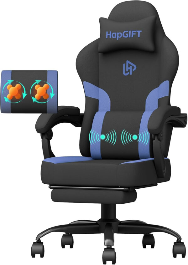 HapGIFT Gaming Chair with Massage Lumbar Support, High Back Ergonomic Computer Chair with Headrest, Height Adjustable Technical Fabric Chair with Footrest, Gamer for Adults, 300LBS (Black-Red)