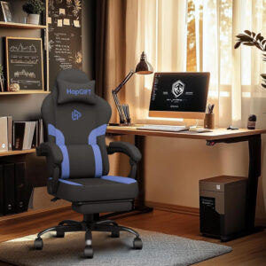 HapGIFT Gaming Chair with Massage Lumbar Support, High Back Ergonomic Computer Chair with Headrest, Height Adjustable Technical Fabric Chair with Footrest, Gamer for Adults, 300LBS (Black-Red)