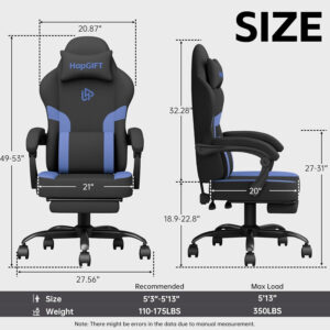 HapGIFT Gaming Chair with Massage Lumbar Support, High Back Ergonomic Computer Chair with Headrest, Height Adjustable Technical Fabric Chair with Footrest, Gamer for Adults, 300LBS (Black-Red)
