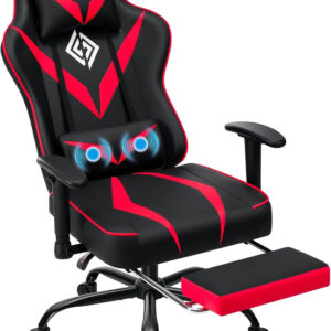 HOFFREE Reclining Gaming Chair for Adults Computer Gamer Chair with Footrest and Massage Lumbar Support Ergonomic Video Game Chair with Adjustable Armrests Red and Black