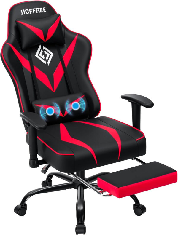 HOFFREE Reclining Gaming Chair for Adults Computer Gamer Chair with Footrest and Massage Lumbar Support Ergonomic Video Game Chair with Adjustable Armrests Red and Black