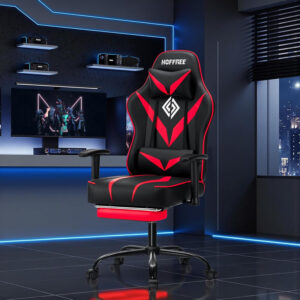 HOFFREE Reclining Gaming Chair for Adults Computer Gamer Chair with Footrest and Massage Lumbar Support Ergonomic Video Game Chair with Adjustable Armrests Red and Black