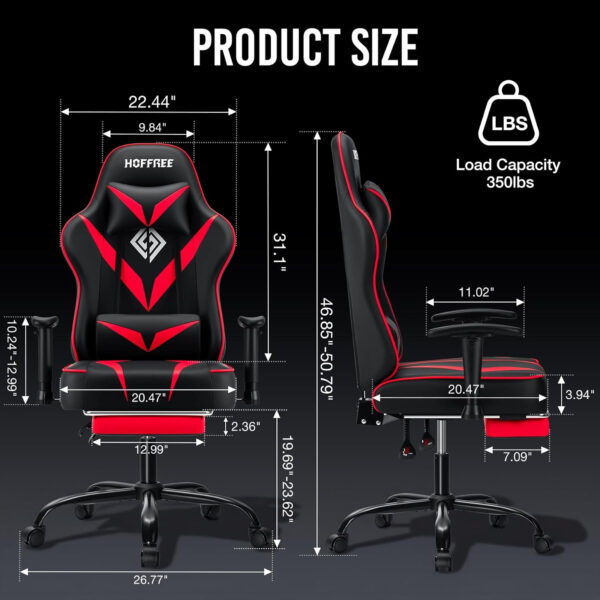 HOFFREE Reclining Gaming Chair for Adults Computer Gamer Chair with Footrest and Massage Lumbar Support Ergonomic Video Game Chair with Adjustable Armrests Red and Black