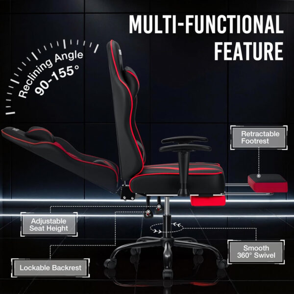 HOFFREE Reclining Gaming Chair for Adults Computer Gamer Chair with Footrest and Massage Lumbar Support Ergonomic Video Game Chair with Adjustable Armrests Red and Black
