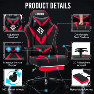 HOFFREE Reclining Gaming Chair for Adults Computer Gamer Chair with Footrest and Massage Lumbar Support Ergonomic Video Game Chair with Adjustable Armrests Red and Black