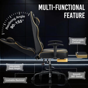 HOFFREE Reclining Gaming Chair for Adults Computer Gamer Chair with Footrest and Massage Lumbar Support Ergonomic Video Game Chair with Adjustable Armrests Red and Black