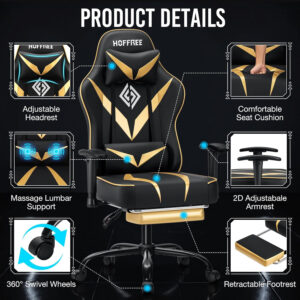HOFFREE Reclining Gaming Chair for Adults Computer Gamer Chair with Footrest and Massage Lumbar Support Ergonomic Video Game Chair with Adjustable Armrests Red and Black