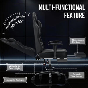 HOFFREE Reclining Gaming Chair for Adults Computer Gamer Chair with Footrest and Massage Lumbar Support Ergonomic Video Game Chair with Adjustable Armrests Red and Black