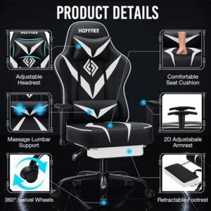 HOFFREE Reclining Gaming Chair for Adults Computer Gamer Chair with Footrest and Massage Lumbar Support Ergonomic Video Game Chair with Adjustable Armrests Red and Black