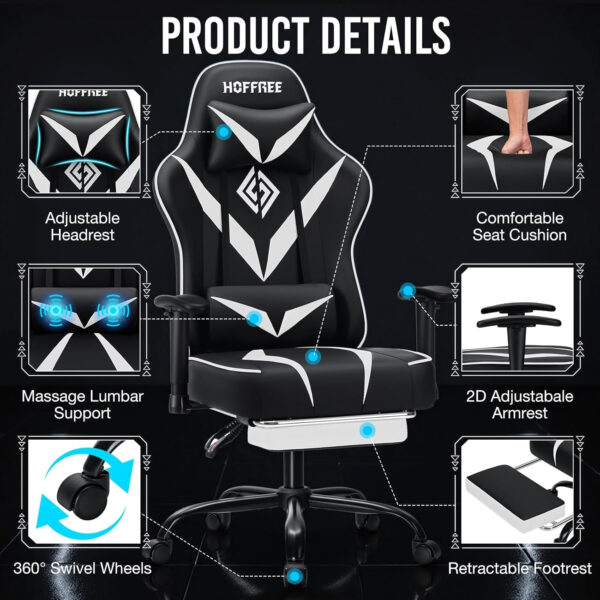 HOFFREE Reclining Gaming Chair for Adults Computer Gamer Chair with Footrest and Massage Lumbar Support Ergonomic Video Game Chair with Adjustable Armrests Red and Black