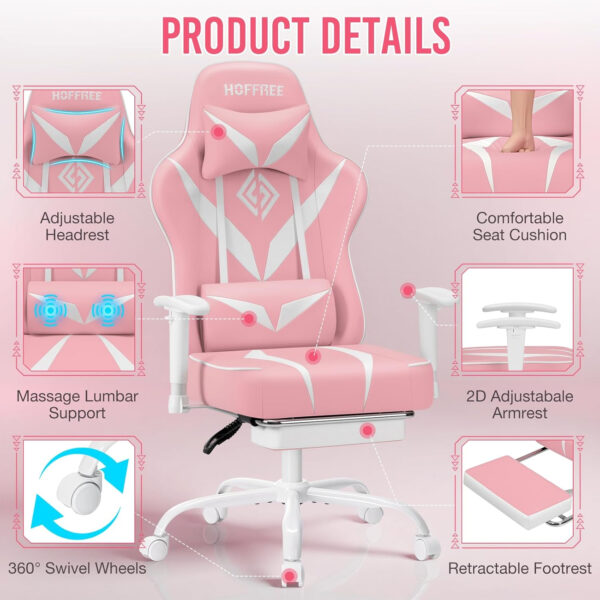 HOFFREE Reclining Gaming Chair for Adults Computer Gamer Chair with Footrest and Massage Lumbar Support Ergonomic Video Game Chair with Adjustable Armrests Red and Black