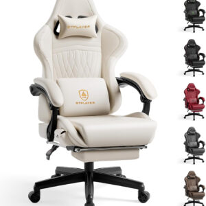 GTPLAYER Gaming Chair with Speakers, Video Game Chairs with Footrest, PC Gamer Chairs for Adults - Padded High Back Ergonomic Reclining Silla Gamer, Linkage Armrest, Ace Pro, Ivory