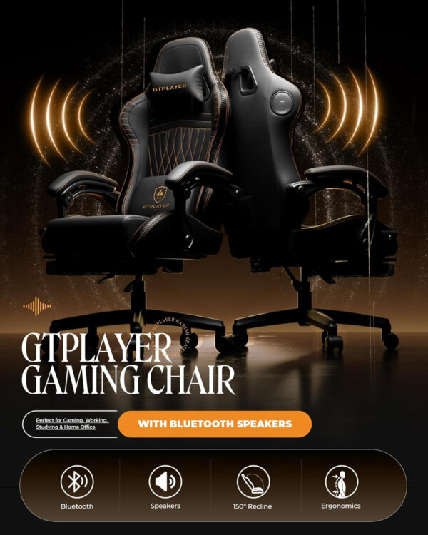 GTPLAYER Gaming Chair with Speakers, Video Game Chairs with Footrest, PC Gamer Chairs for Adults - Padded High Back Ergonomic Reclining Silla Gamer, Linkage Armrest, Ace Pro, Ivory