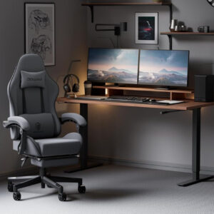 Dowinx Gaming Chair Fabric with Pocket Spring Cushion, Massage Game Chair Cloth with Headrest, Ergonomic Computer Chair with Footrest 290LBS, Black and Grey