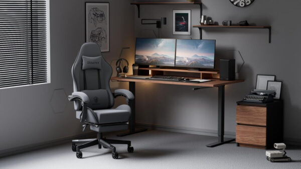 Dowinx Gaming Chair Fabric with Pocket Spring Cushion, Massage Game Chair Cloth with Headrest, Ergonomic Computer Chair with Footrest 290LBS, Black and Grey