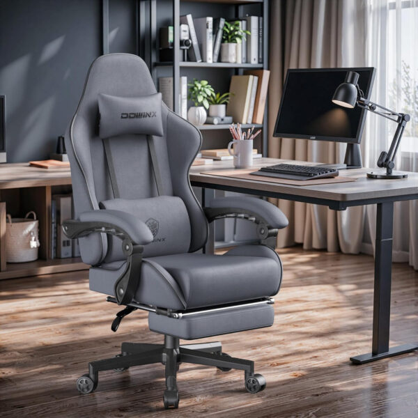 Dowinx Gaming Chair Fabric with Pocket Spring Cushion, Massage Game Chair Cloth with Headrest, Ergonomic Computer Chair with Footrest 290LBS, Black and Grey