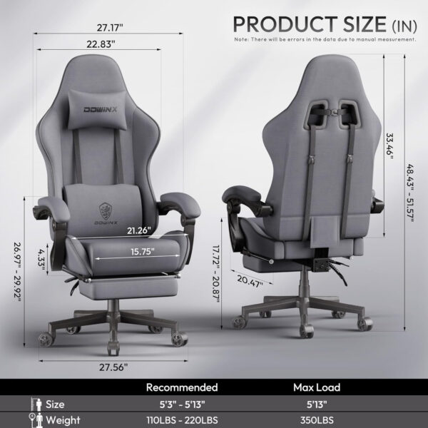 Dowinx Gaming Chair Fabric with Pocket Spring Cushion, Massage Game Chair Cloth with Headrest, Ergonomic Computer Chair with Footrest 290LBS, Black and Grey