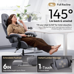 Dowinx Gaming Chair Fabric with Pocket Spring Cushion, Massage Game Chair Cloth with Headrest, Ergonomic Computer Chair with Footrest 290LBS, Black and Grey